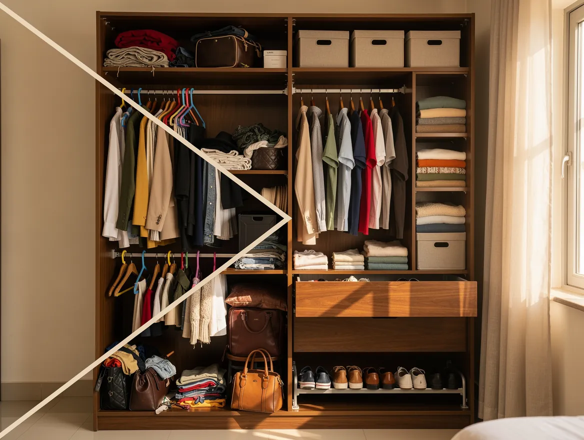 Before-and-after of a Bangalore bedroom wardrobe: cluttered hangers, crammed shelves and bags piled on the floor on one side, and colour-sorted clothes with shelf dividers and drawers on the other