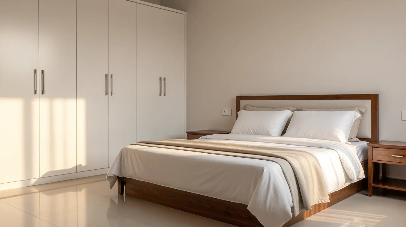 Calm organised bedroom with white wardrobes and soft morning light