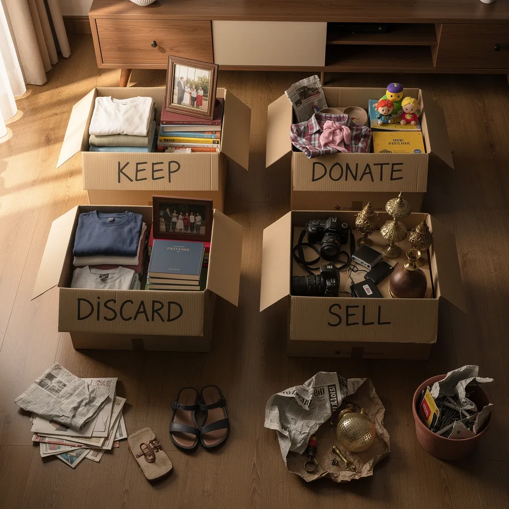 Household items sorted into four boxes for keeping, donating, selling and discarding