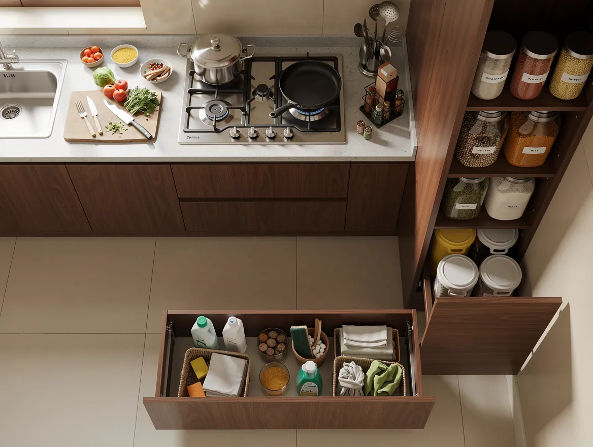Top-down view of a kitchen with separate prep, cooking, cleaning and storage areas