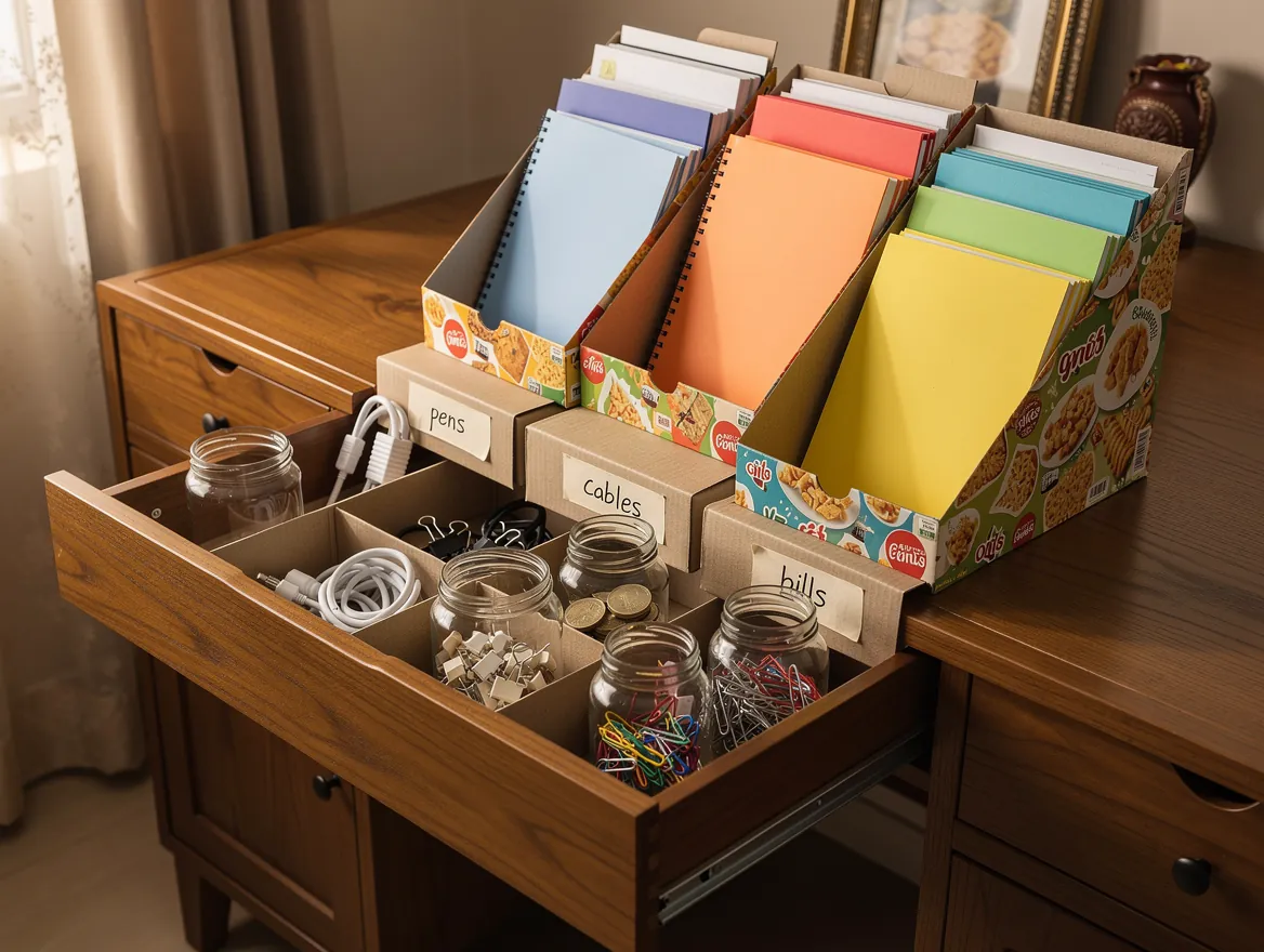 Drawer organised with shoebox dividers, glass jars and repurposed cereal boxes