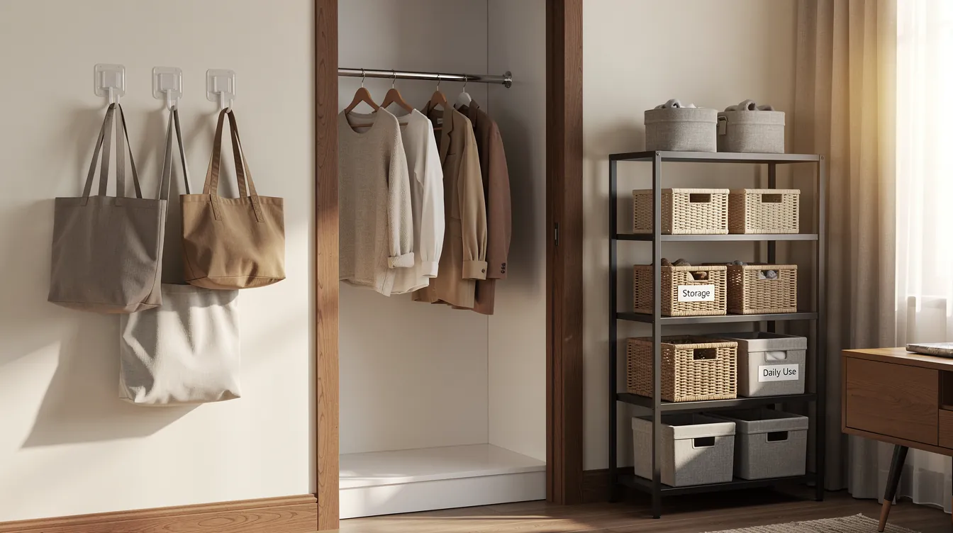 Renter-friendly storage with adhesive hooks, a closet tension rod and freestanding shelves