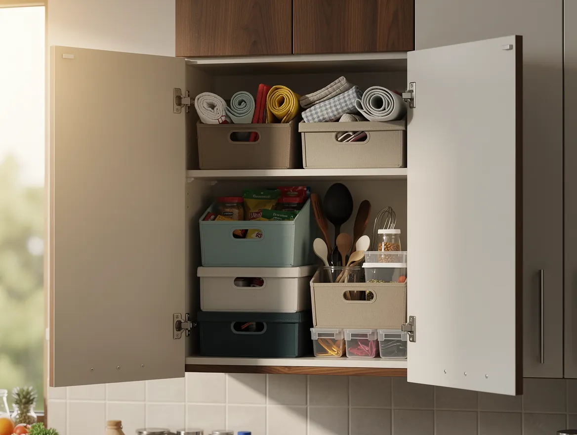 Kitchen cabinet with mismatched, ill-fitting organiser boxes stacked unevenly