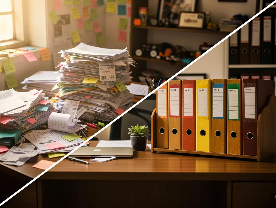 Before and after comparison of professional document organization — cluttered stacks of unsorted papers and bills on a home office desk transformed into neatly labeled file folders, color-coded tab dividers, and a clean organized filing system