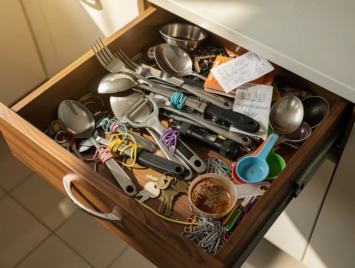 Overstuffed kitchen drawer with tangled utensils and random items
