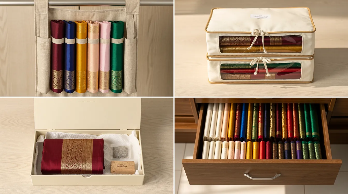 Four types of saree organisers displayed in a clean 2x2 grid: hanging fabric organiser with sarees, stackable cotton canvas bags with transparent windows, an open rigid storage box with a preserved heirloom saree, and a pull-out drawer system inside a warm wood-toned wardrobe — styled for Bangalore wardrobes by Tidy Blueprints