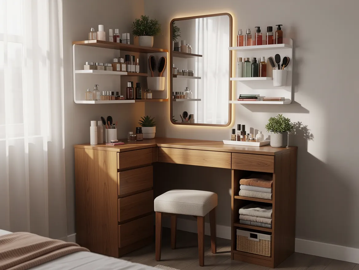 Compact corner dressing table with wall-mounted organisers and tiered storage