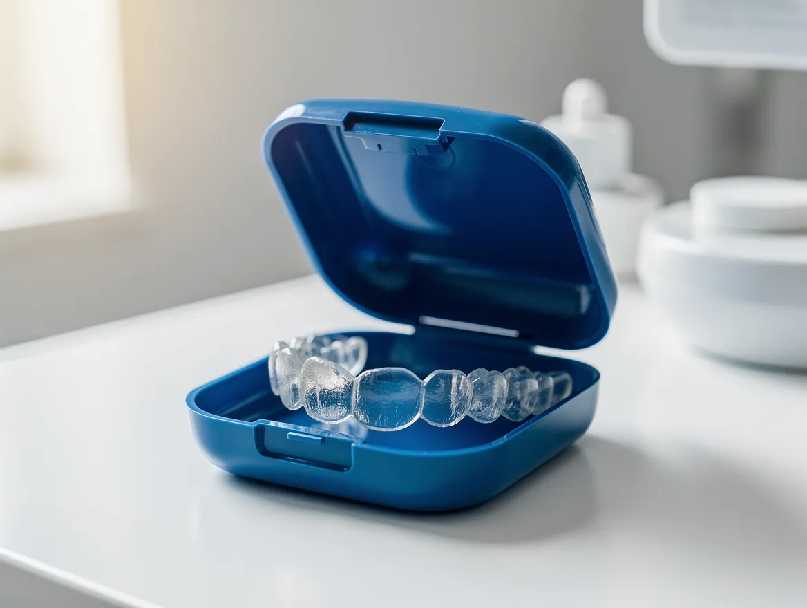 Clear aligners in an open case on a clinic counter