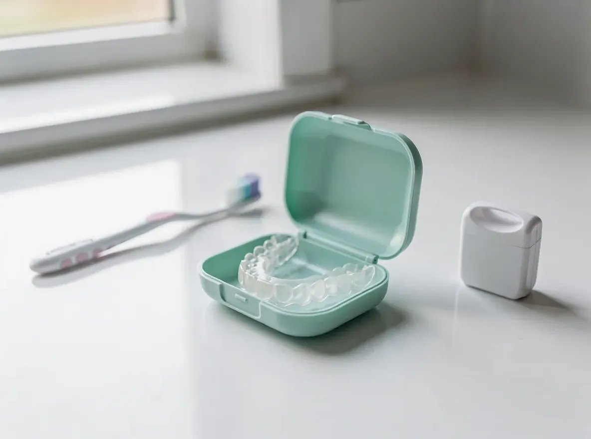 Clear retainer in its case next to a toothbrush and floss on a bathroom counter