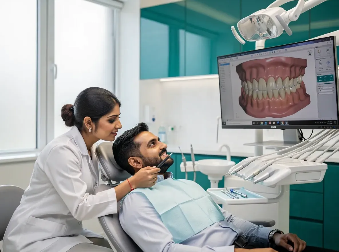 Orthodontist explaining a 3D teeth scan on a monitor to an adult patient in the dental chair