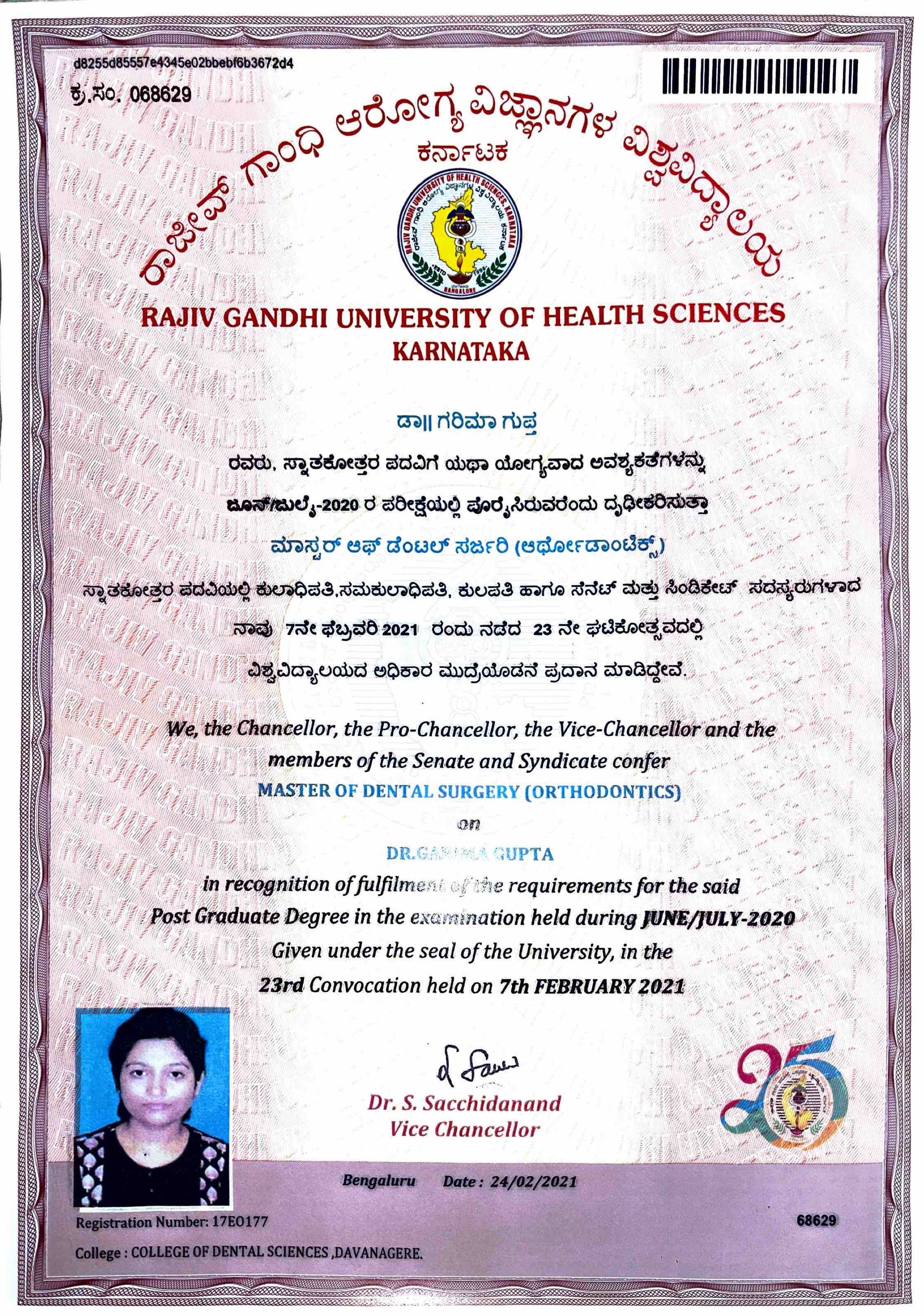 Dr Garima - MDS Orthodontics Certificate