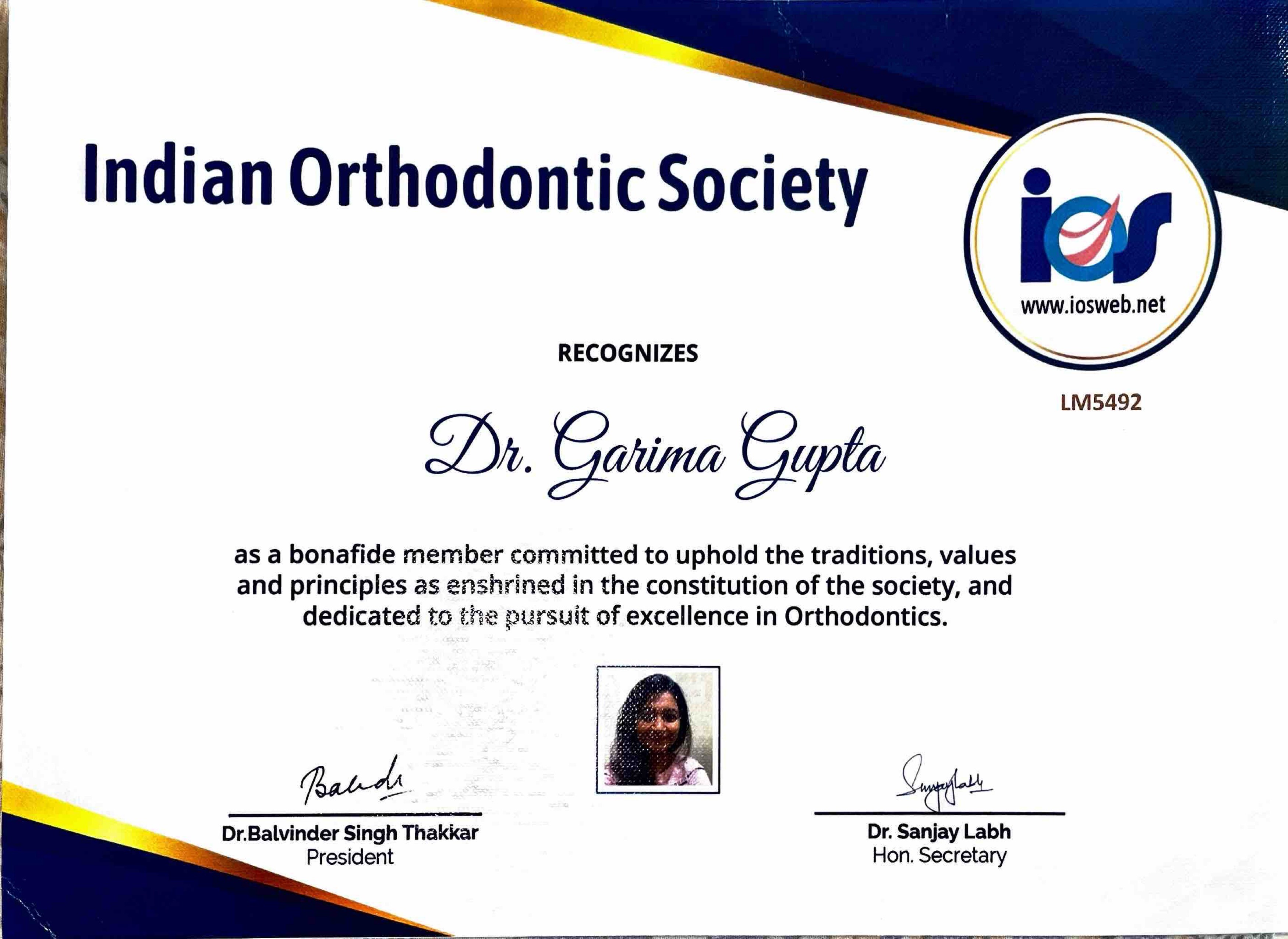 Dr Garima - Member of Indian Orthodontic Society